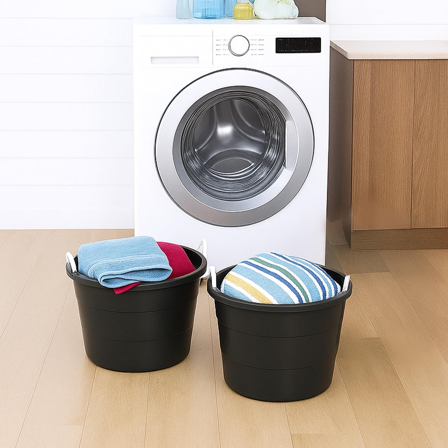 HOMZ 2-Pack Utility Tub, Large Plastic Storage Bucket with Rope Handles, 17 Gallon, Black - Portable Indoor and Outdoor Buckets for Kitchen, Laundry, Garden, Bathroom, and Garage Organization