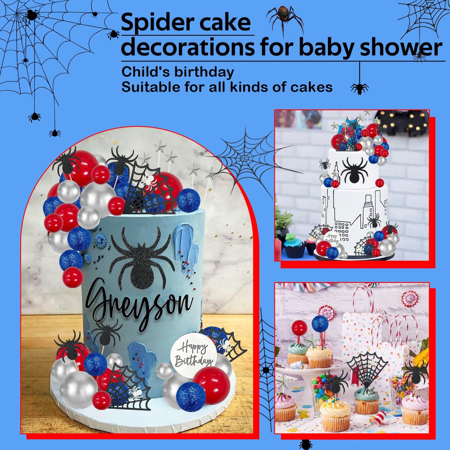 Morofme Spider Cake Topper Spider Web Cupcake Decorations Spiders Theme Cake Decor Glitter Happy Birthday Toppers Stars Red Silver Blue Balls Cupcake Topper for Boys Men Baby Shower Party Supplies