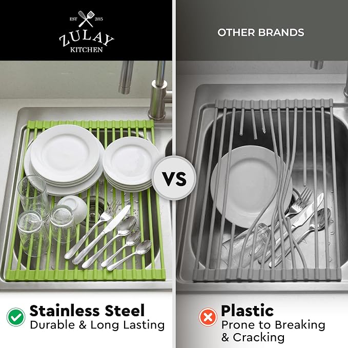 Zulay Kitchen Large Roll Up Dish Drying Rack - Heavy Duty Silicone Wrapped Steel Rods Over Sink Dish Drying Rack - Versatile Roll Up Sink Drying Rack & Trivet - Green,20.5 inches x 13 inches