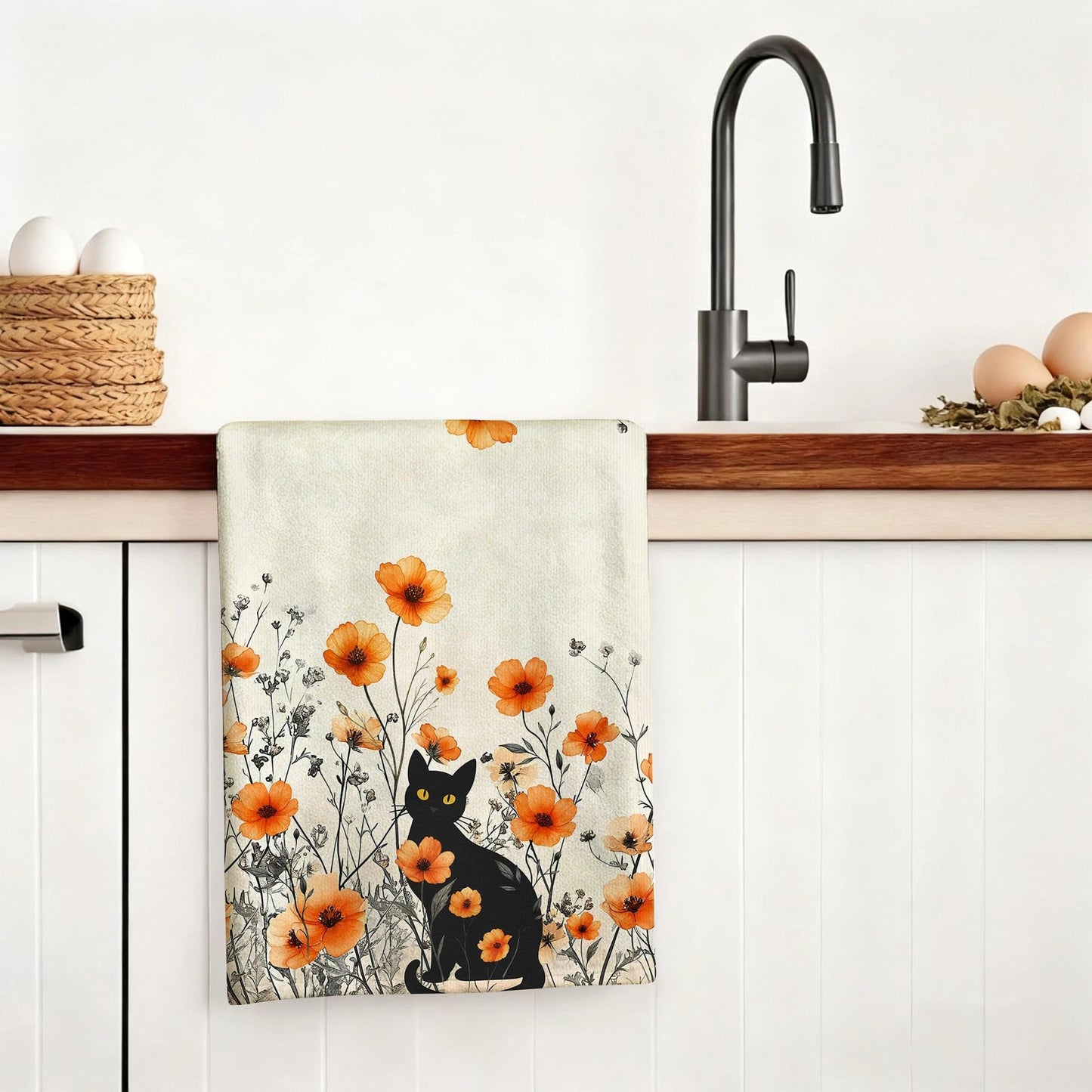 Oblivix Black Cat Dish Towels,Orange Floral Kitchen Towels Decorative Set of 2,Cute Soft Absorbent Reusable Tea Towel & Hand Towel,Black Cats Kitchen Deccor,Cat Lover Gifts for Woemen