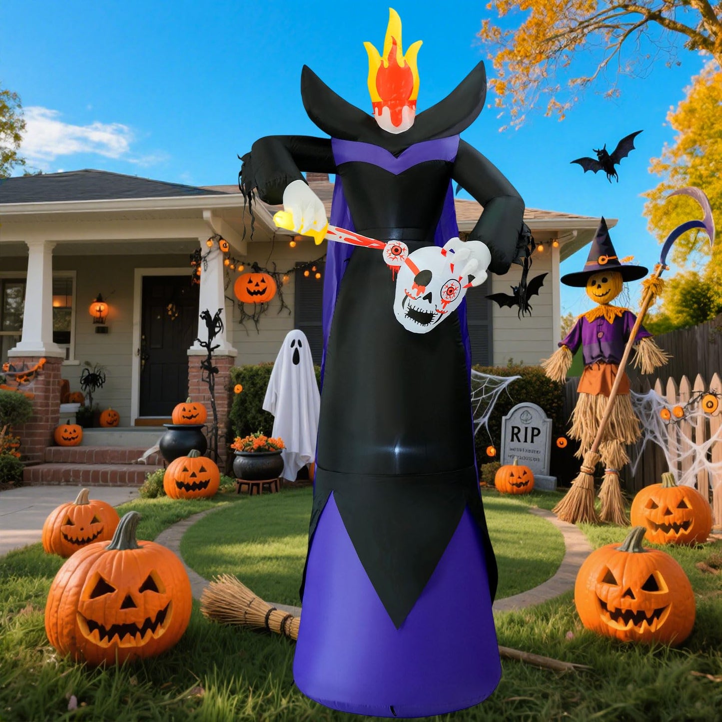 SRKLH 12FT Scary Halloween Inflatables Headless Killer Outdoor Decorations Grim Reaper Holding Skull Dig Out Eyeballs with Flame Light Giant Ghost Blow Up Yard Decoration for Party Garden Lawn Decor