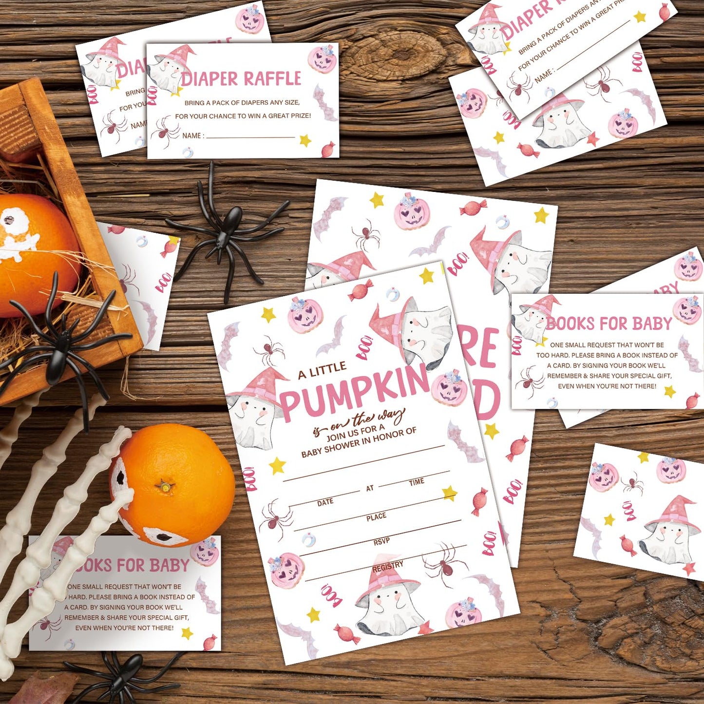 HQLOW Pink A Little Pumkin Halloween Boo! 25 Baby Shower Invitations with Envelopes Diaper Raffle Cards Book Cards for Baby Announcement, Gender Reveal, Party Invitations-09
