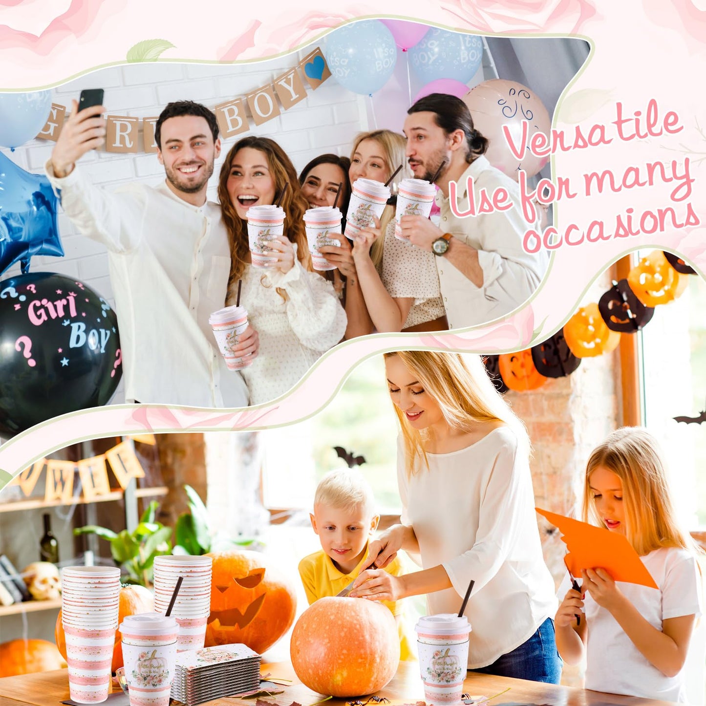 Pickmesh 50 Set 12oz Little Pumpkin Coffee Cups Sets Fall Baby Shower Party Pumpkin Flower Paper Cups with Lids, Sleeves and Stirrers for Autumn Thanksgiving Gender Reveal Party Supplies