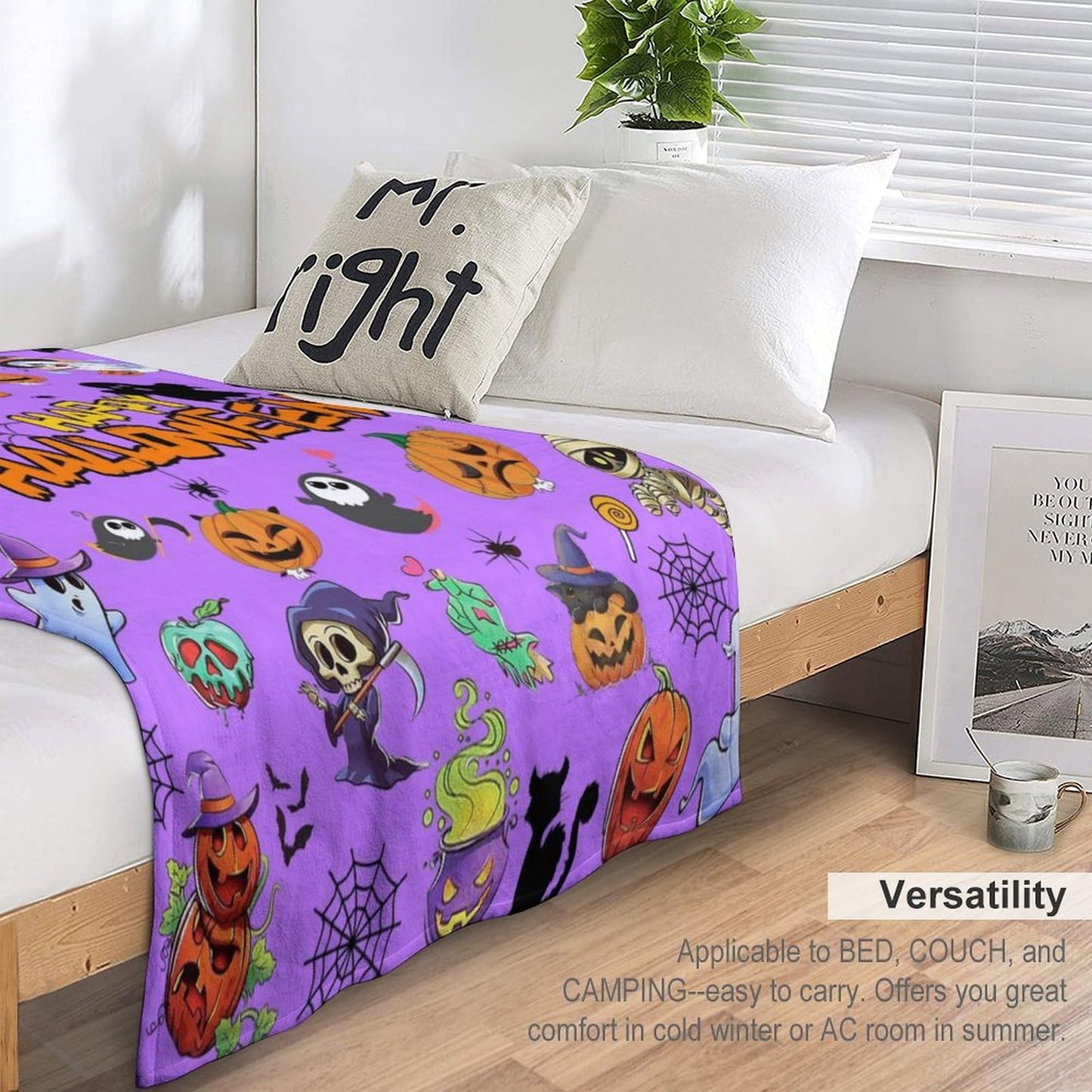 Halloween Throw Blanket 60" x 50" - Soft Flannel Ghost Blanket, Cozy Plush for Couch, Sofa & Bed, Fall Winter Decor, for Kids & Adults (Purple)