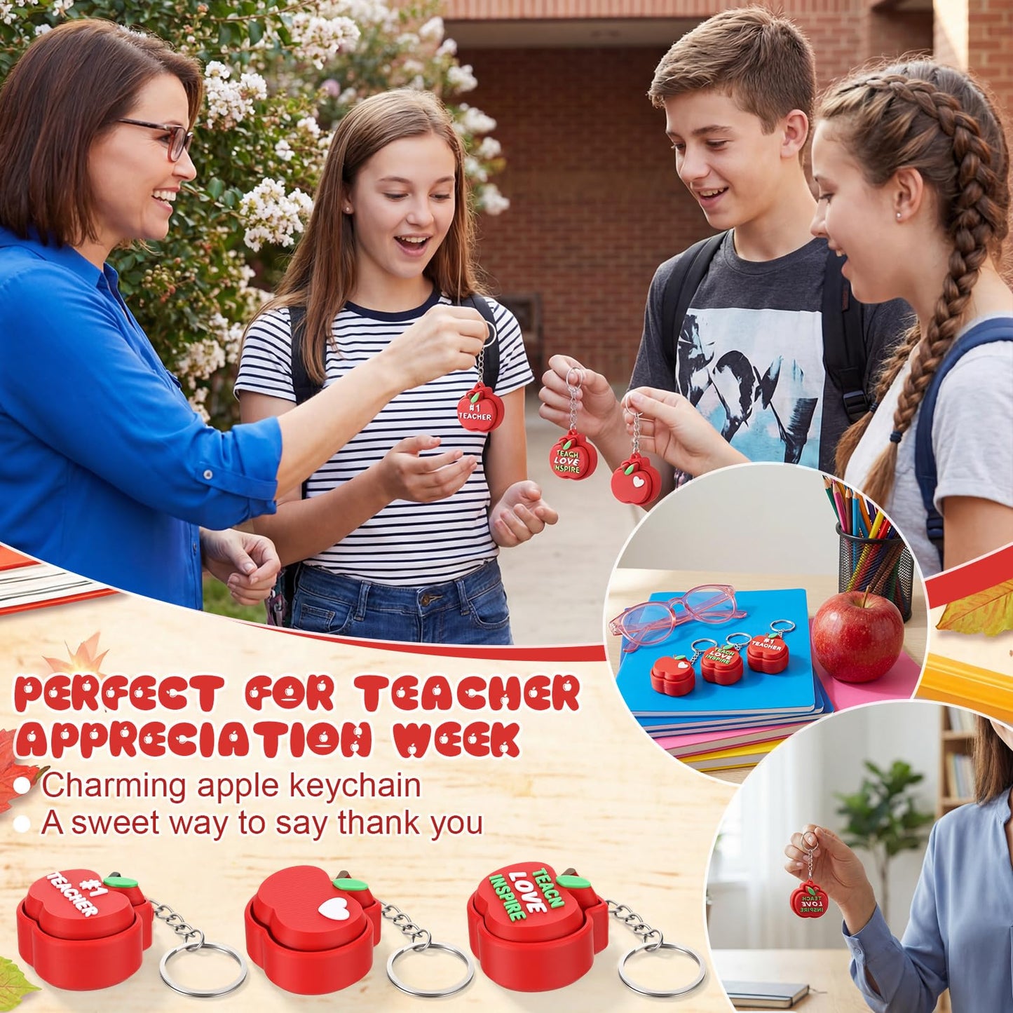 Kenning 12 Pcs Teacher Clicker Fidget Keychains Bulk 3D Printed Apple Sensory Fidget Toys Stress Relief Apple Keychains for Teacher Appreciation Gifts Back to School Favors End of Year Gifts