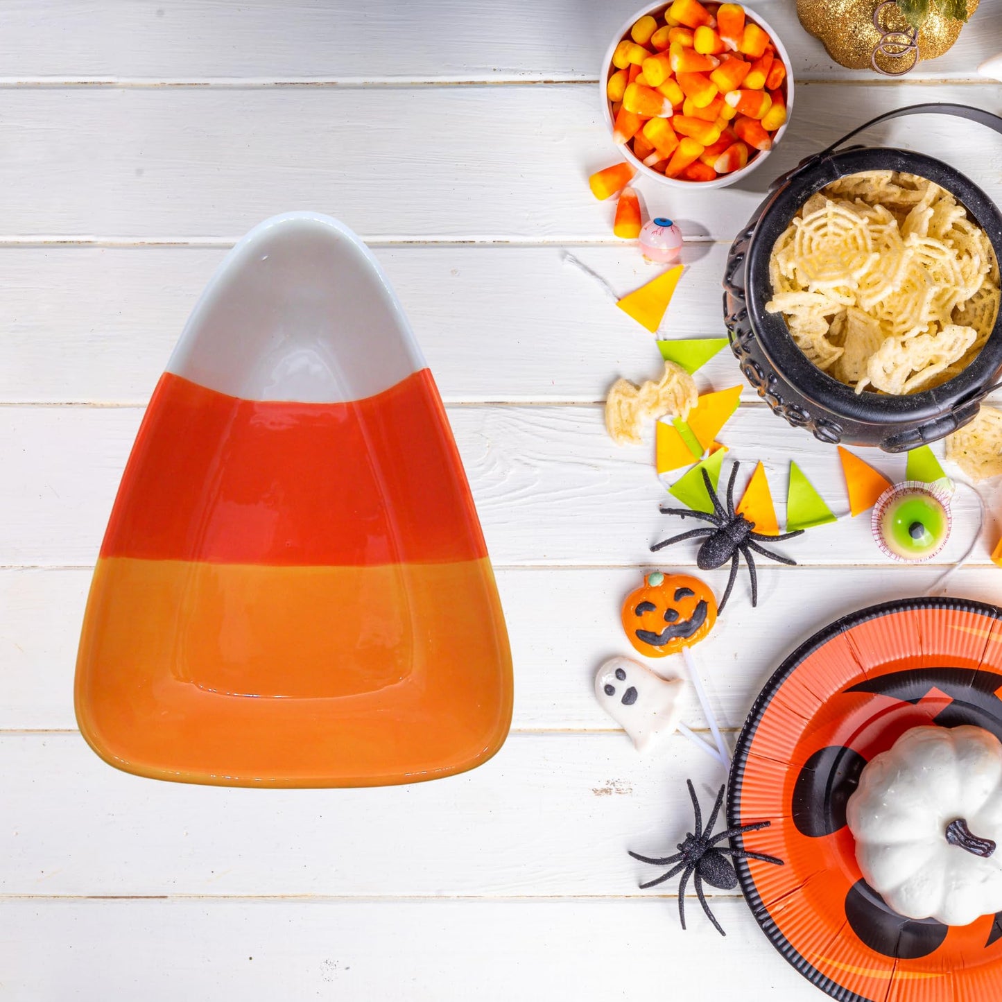 Wowser Candy Corn Dish for Harvest Home Decor, Ceramic Halloween Candy Holder, 7 Inches