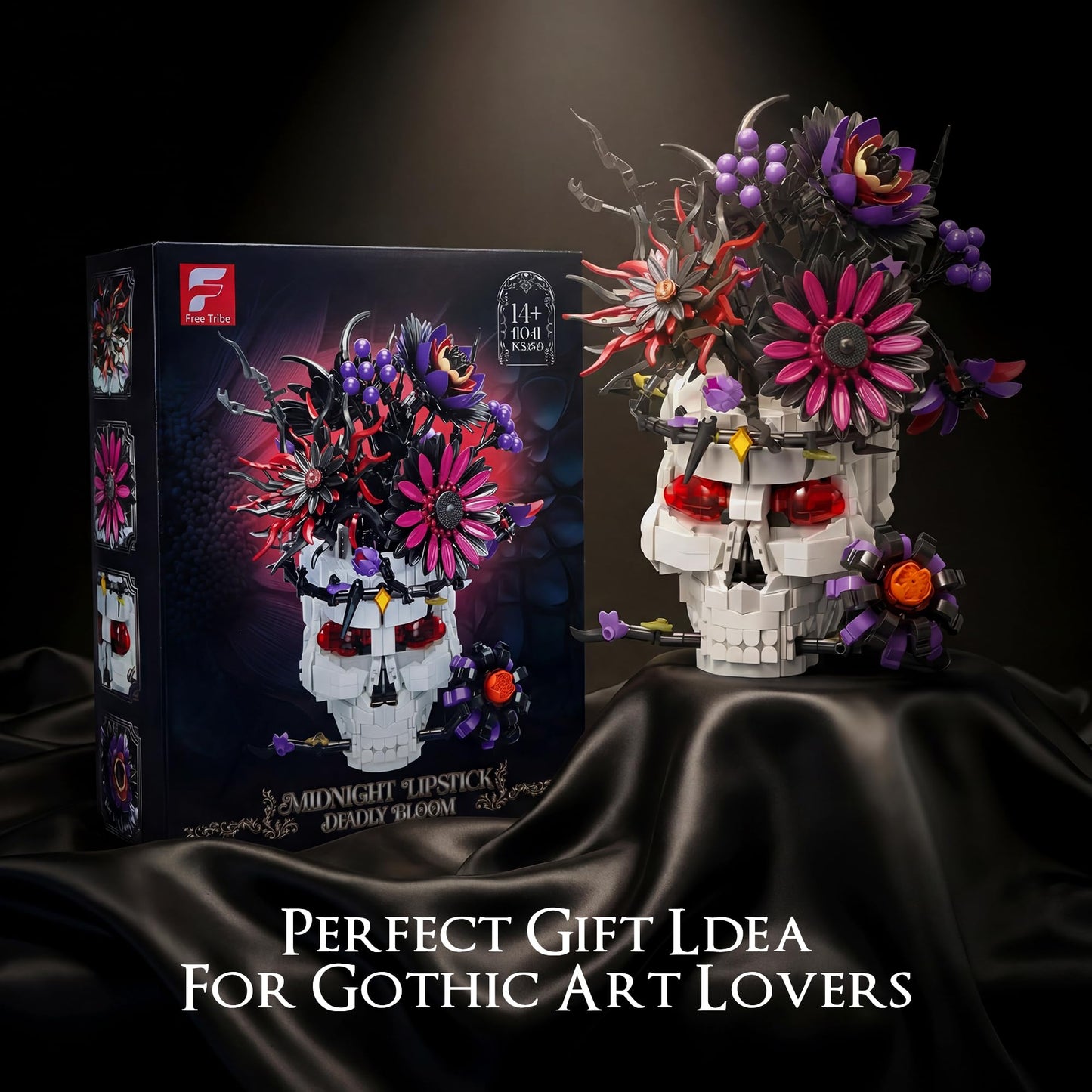 Skull Flower Bouquet Building Set, Wildflower Botanical Collection Kit for Adult Women, Horror Gothic Skeleton Decor for Goth Home Table Art Decor, Girlfriend/Mom/Wife/Couple Halloween Birthday Gift