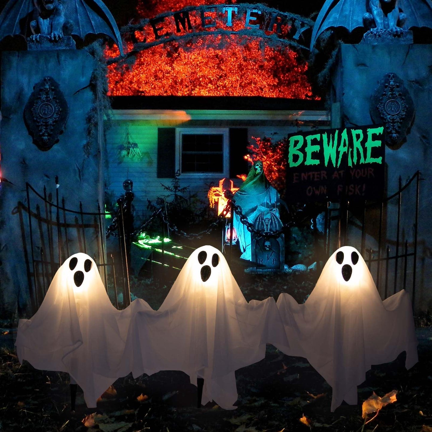 DECORLIFE 3 Packs Halloween Outdoor Decorations, White Ghost Stakes with Light up, 22" Halloween Yard Decorations with Poseable Arms for Lawn, Garden, Trick or Treating