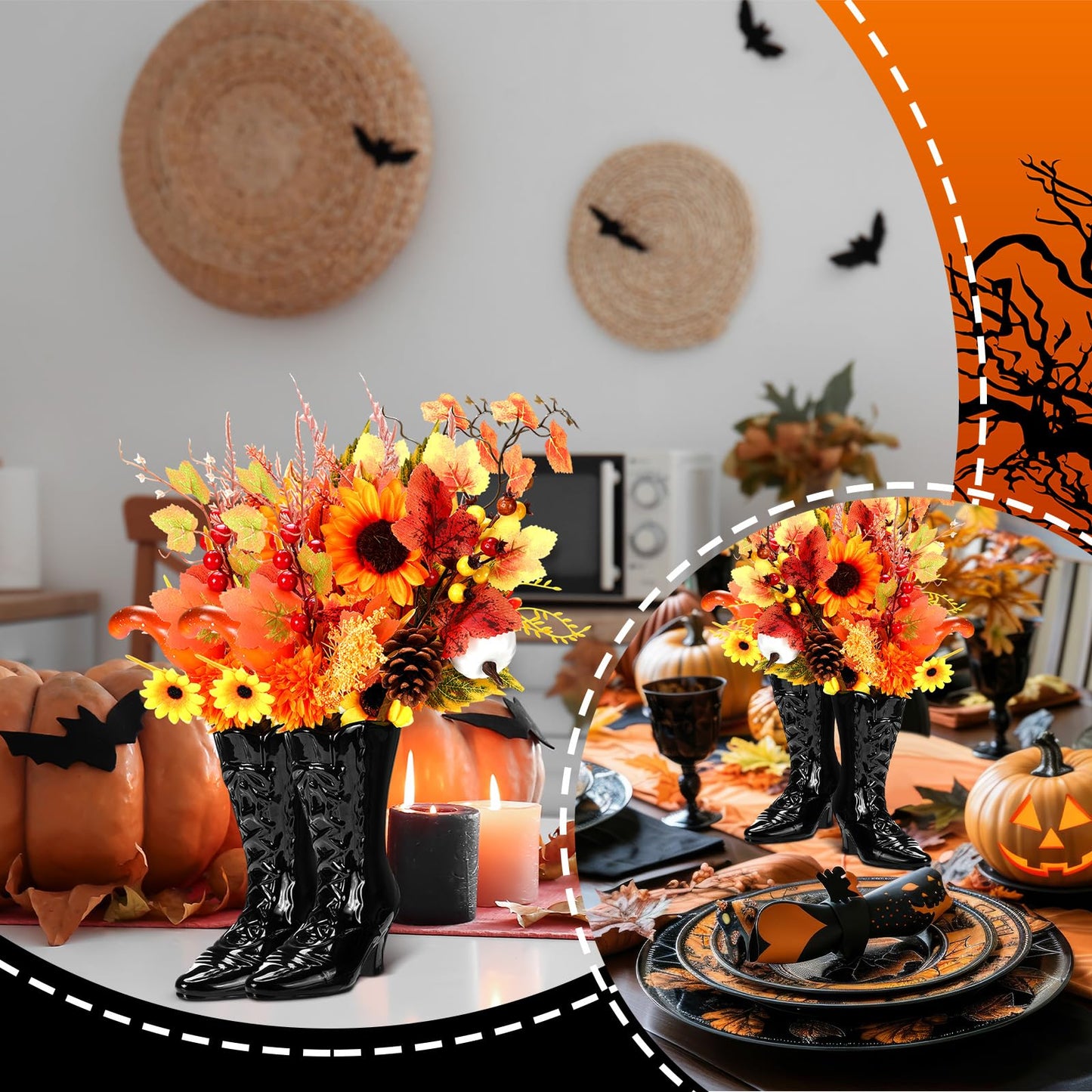 Ninehaoou 1 Pairs Halloween Flower Vase 7.1 Inch Witch Boot Vase Black Ceramic Gothic Planter Halloween Table Centerpieces for Indoor Outdoor Home Office Decor