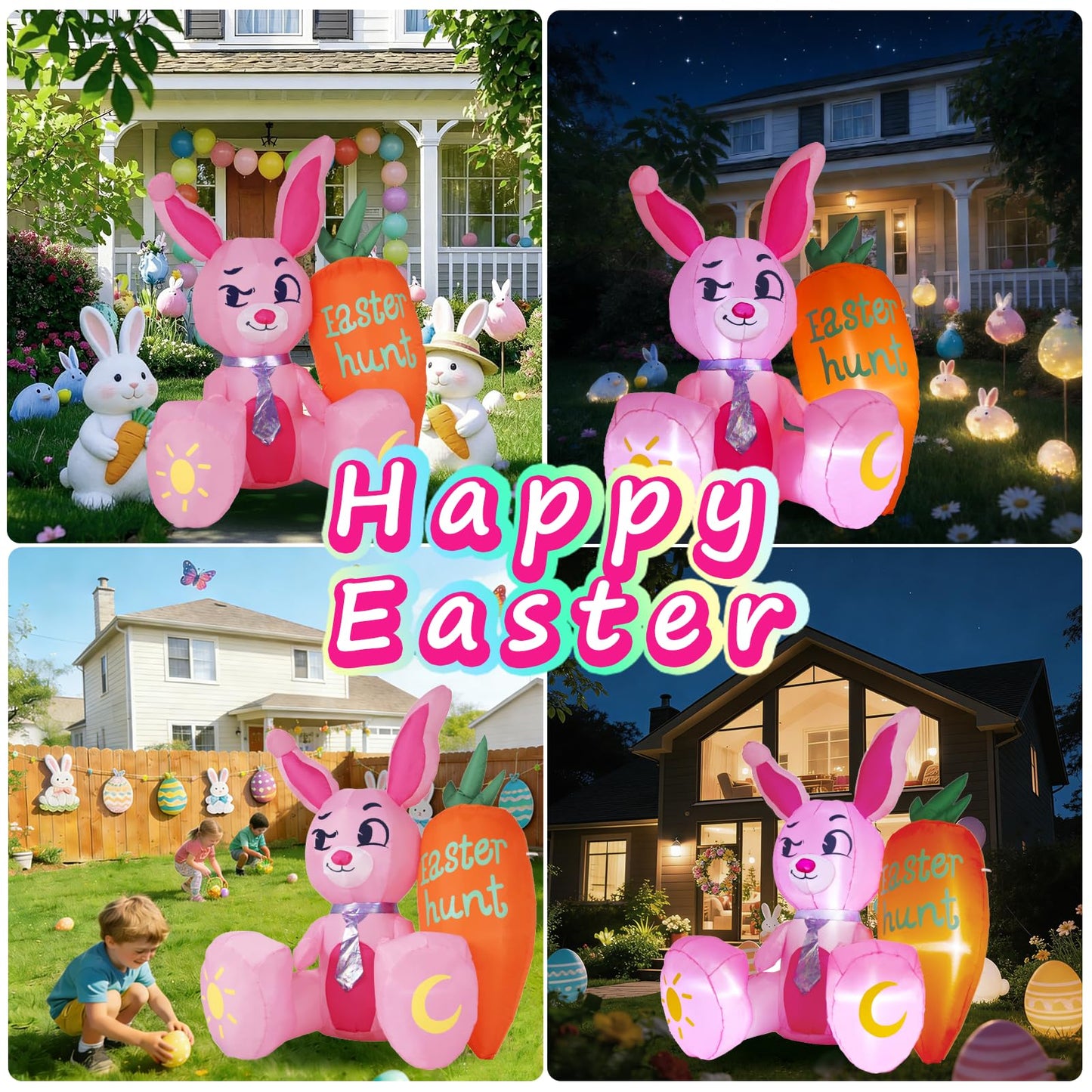 5.15FT Easter Inflatable Bunny Outdoor Decorations, Pink Rabbit with Orange Carrot, Built-in LED Lights and Anchor Kit, Blow Up Yard Decor for Garden, Lawn, Patio, Easter Egg Hunt Party