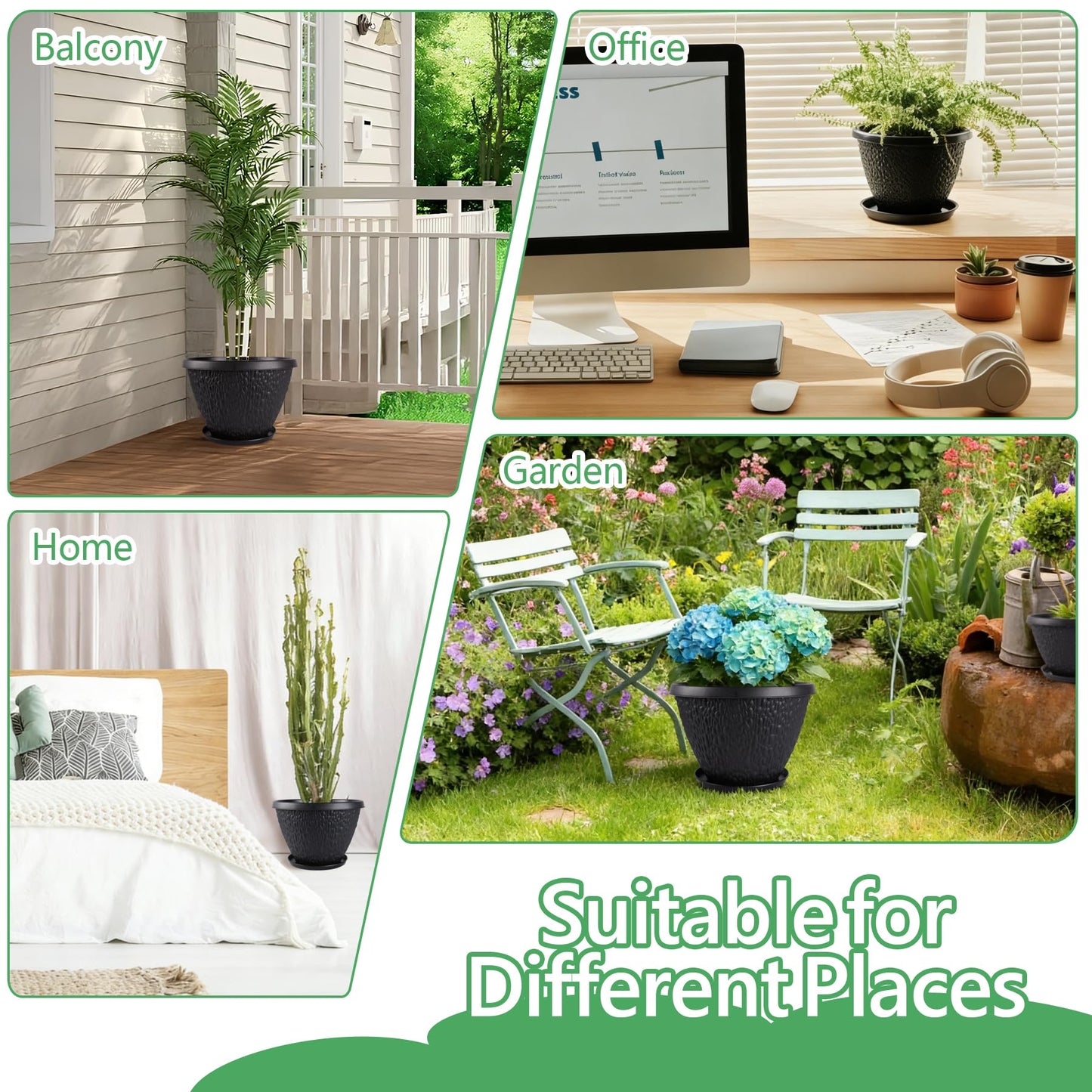 Nooulap 4 Pack 8 inch Plant Pots for Outdoor Indoor, Durable Flower Pots with Drainage, Indoor Outdoor Planters for Herbs Flowers (Black Pebbles Design)
