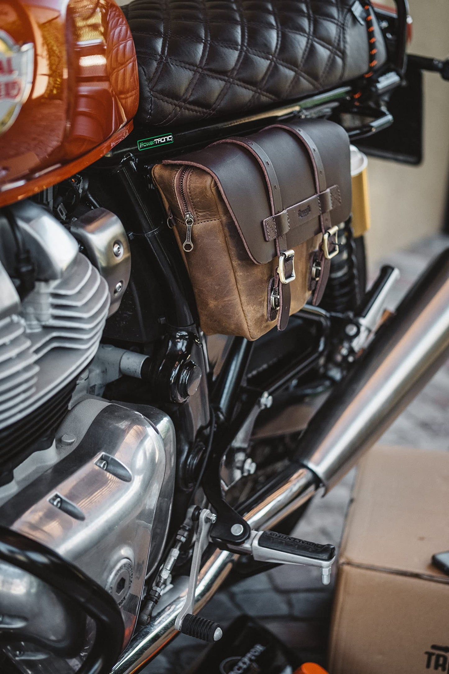 Trip Machine Company Wingman Leather Side Panel Bag for Royal Enfield Interceptor & Continental GT 650 – 3.5L Motorcycle Tool & Storage Bag with Raincover (Brown, Left Side)