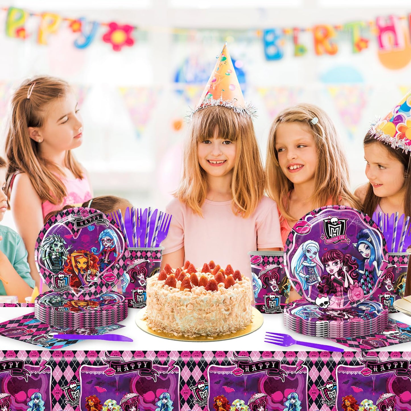 141Pcs Monster Academy Party Supplies Gothic Paper Plates (9"+7"), Cups, Napkins, Forks, Knives, Straws, 1 Tablecloth Decorations with Skull, Bat Print for Birthday, Horror Movie Night Halloween
