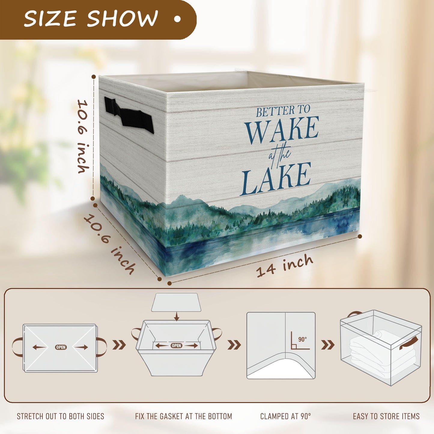 YSFUYZCT Lake House Cube Storage Bin, Lake House Gifts Collapsible Fabric Storage Cubes with Handles, Mountain Landscape Decorative Storage Boxes Baskets for Bedroom Bathroom, 14x10 Inch