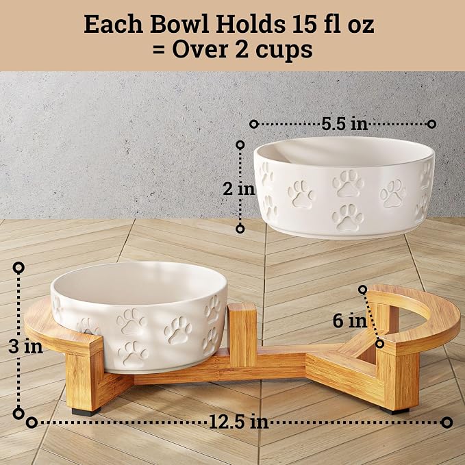 Ceramic Dog Bowls with Stand - Small Dog Bowl Set with Stand Non-Slip - 2 Ceramic Dishes with Anti-Skid Bamboo Stand for Small Dogs - Elevated Dog Bowls Set of 2 - Raised Pet Feeding Station