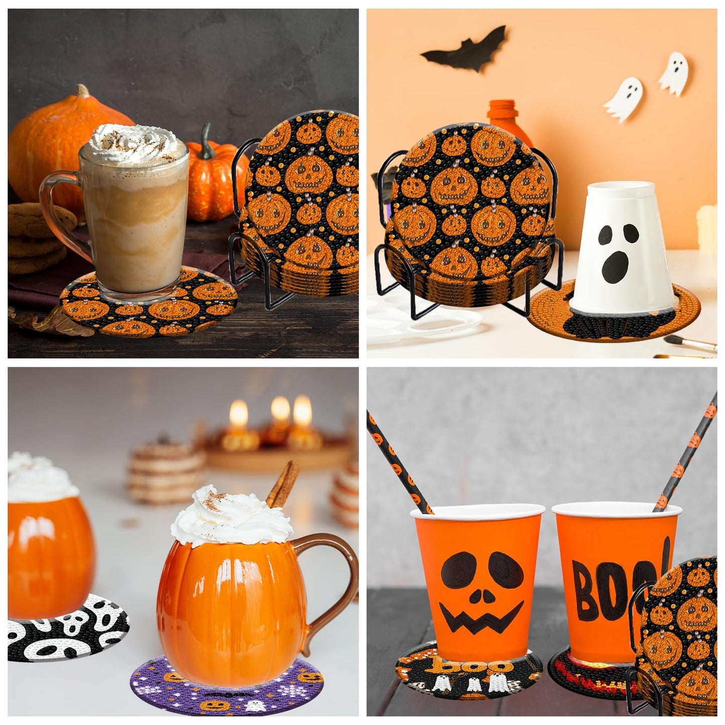 Demonwer 8 Halloween Diamond Art Coasters with Holder DIY Halloween Diamond Dot Coasters 5d Full Drill Diamond Coasters for Adults