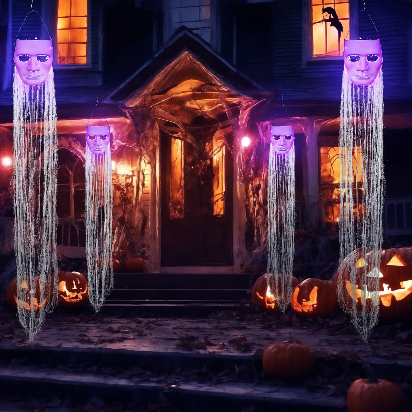 VitalCozy 4 Pcs Halloween Decorations Outdoor Hanging Ghost White Masks with Purple LED Lights Swinging Floating Glowing Ghost Light up Halloween Outdoor Tree Lawn Yard Garden Porch Decorations