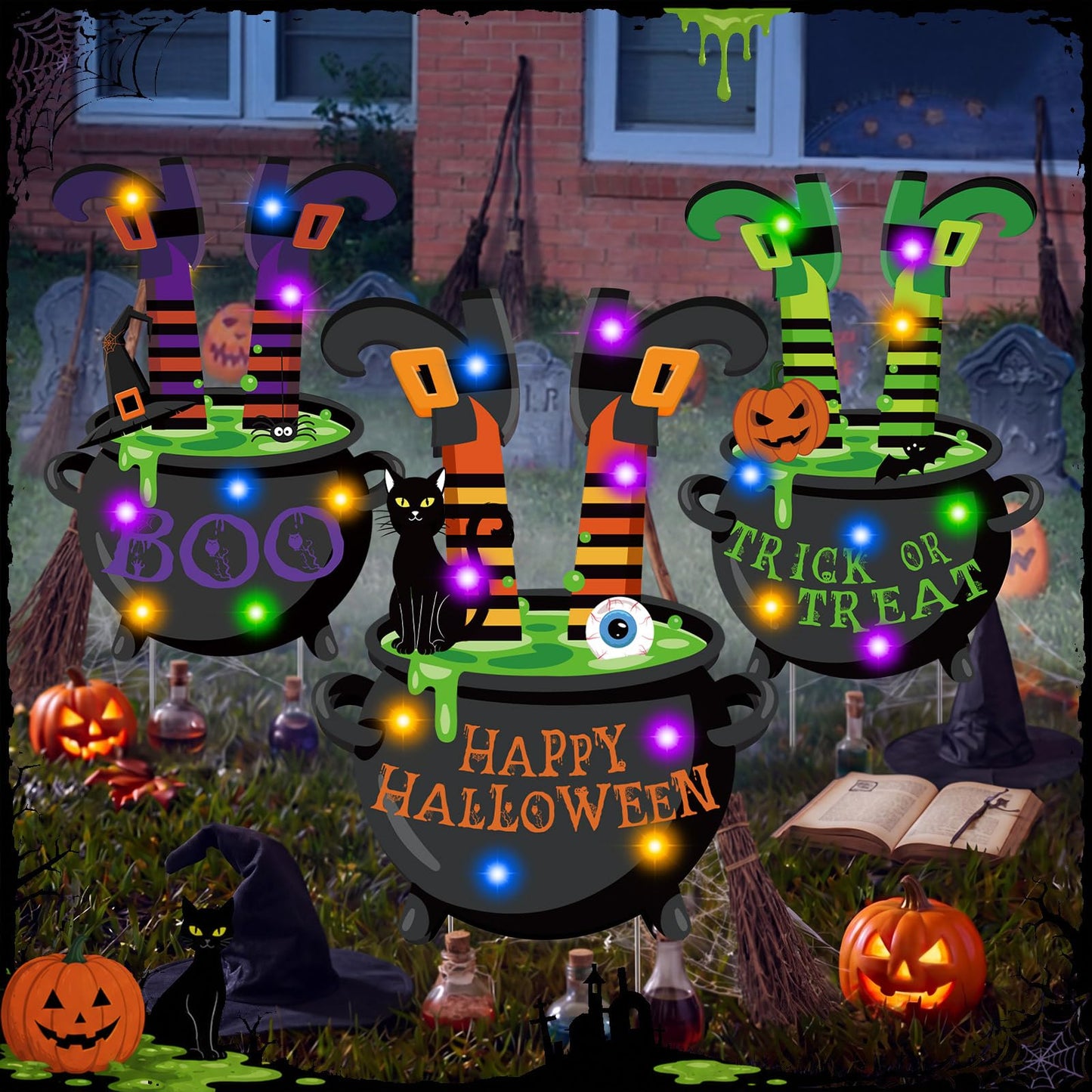 RattanView 3 Pcs Halloween Lighted Witch Legs with Stakes Yard Signs 15.8 x 9.8'' Scary Witch Feet with Lights Halloween Decorations Outdoor for Lawn Garden Yard Haunted House