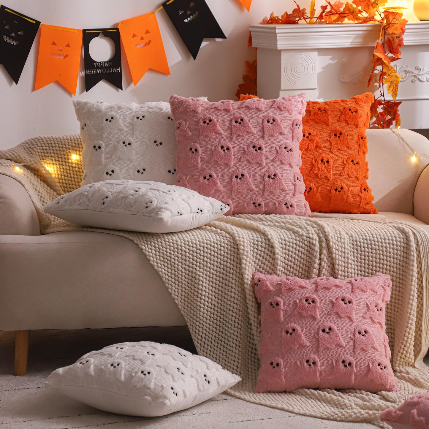 LUOYEHK Halloween Pillow Covers 18x18 Inch Set of 2 Pink Ghost Decorative Pillow Cases Holiday Soft Plush Faux Fur Cushion Covers for Couch Sofa Bed