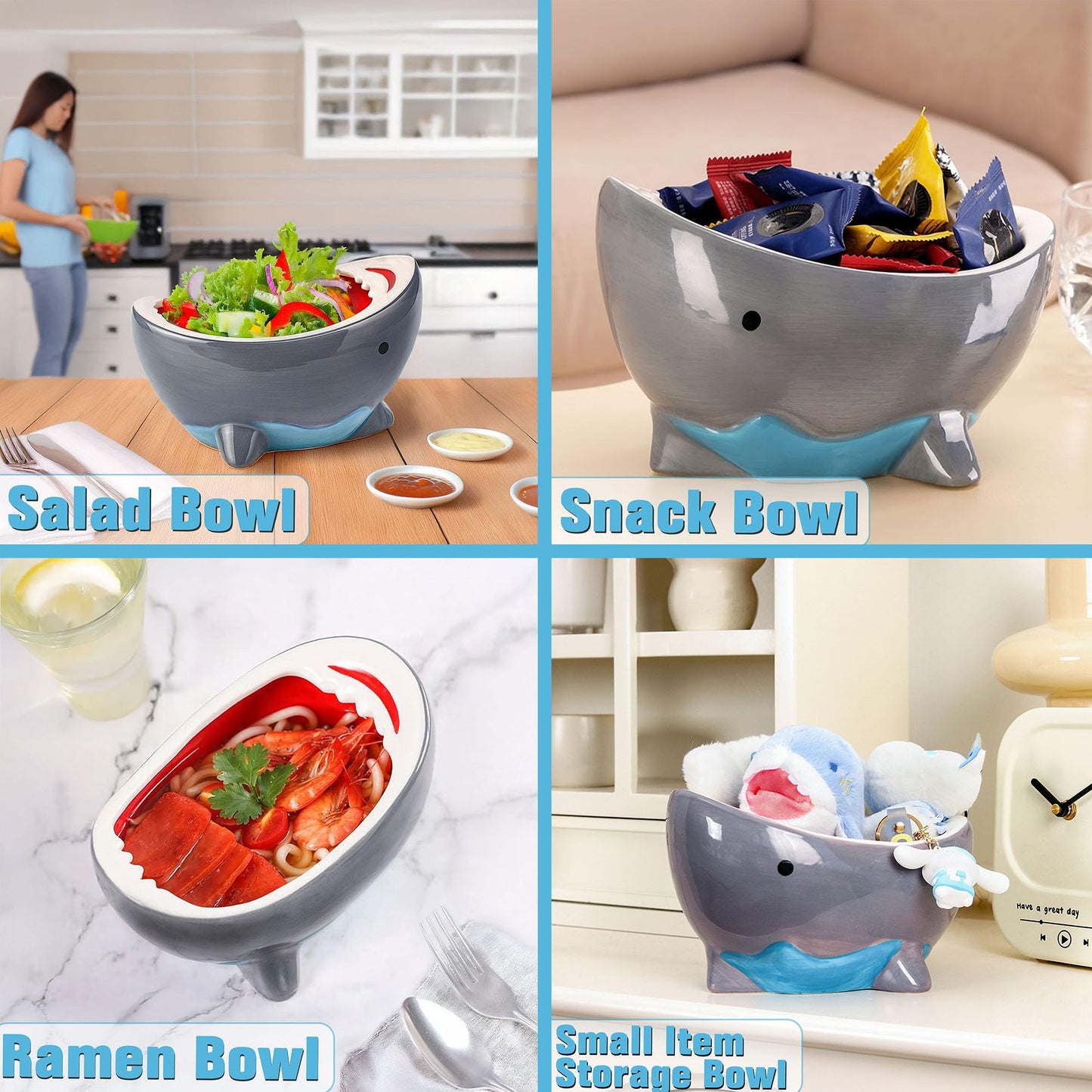 40 oz Large Shark Salad Bowl, Handmade Fruit Bowls for Kitchen Counter, Decorative Key Bowl Cute Ceramic Ramen Popcorn Snack Candy Serving Bowls, Unique Funny Shark Gifts Birthday Party Decorations