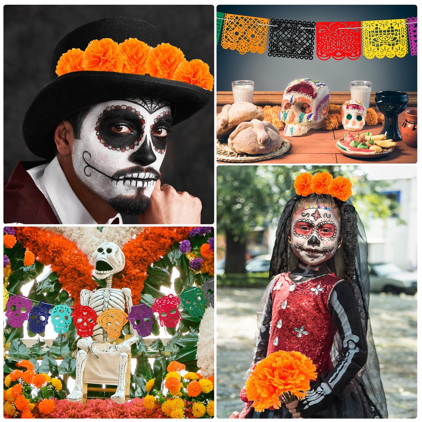 HOWAF Dia De Los Muertos Decorations Ofrenda Set, Day of The Dead Decor for Altar with Papel Picado Banner Marigold Flowers Garland for Ofrendas Alter Supplies, Mexican Halloween Diwali Party Supplies