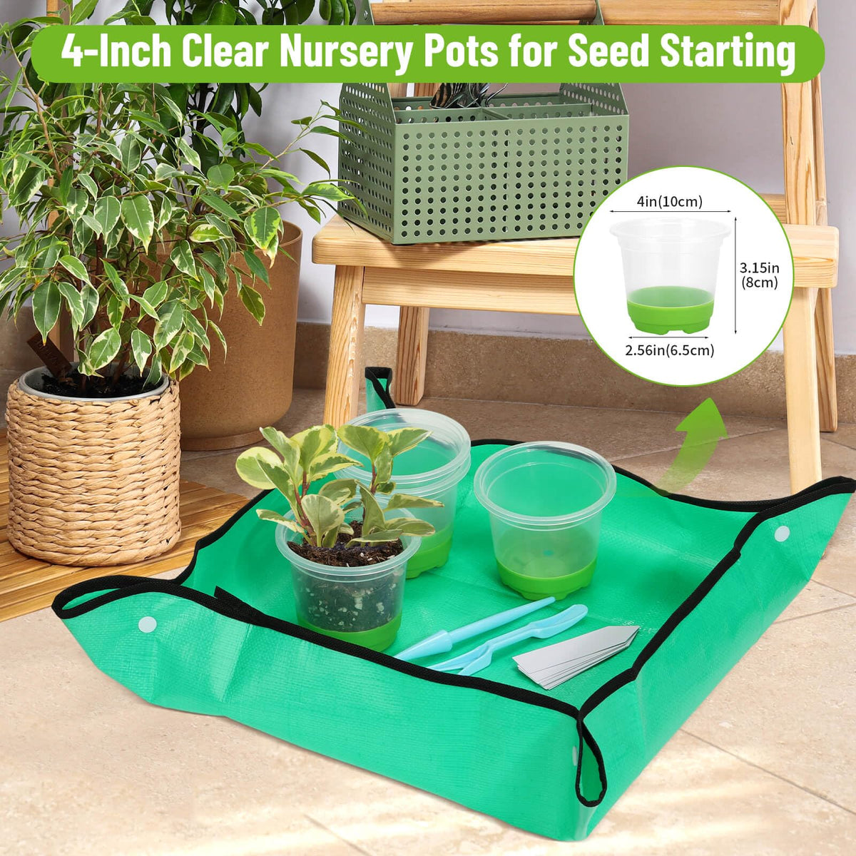 Caffox 57PCS Reusable Seed Starter Kit Includes 26 Packs 4" Clear Nursery Pots with Silicone Base, Repotting Mat, Gardening Gloves, Plant Labels and Seedling Tools for Easy Transplant