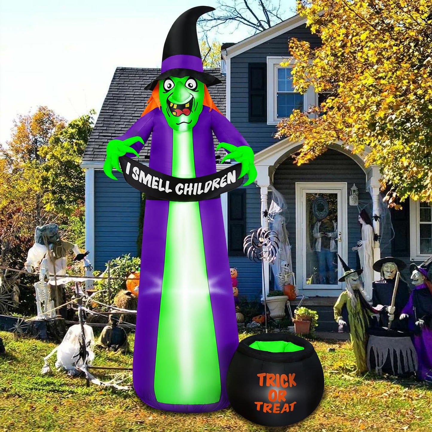 BRDJade 8Ft Halloween Inflatables Witch Outdoor Decorations with Candy Cauldron, Scary Blow Up Witch Holds I Smell Children Banner, Inflatable Halloween Build-in LEDs for Party Yard Lawn Garden Decor