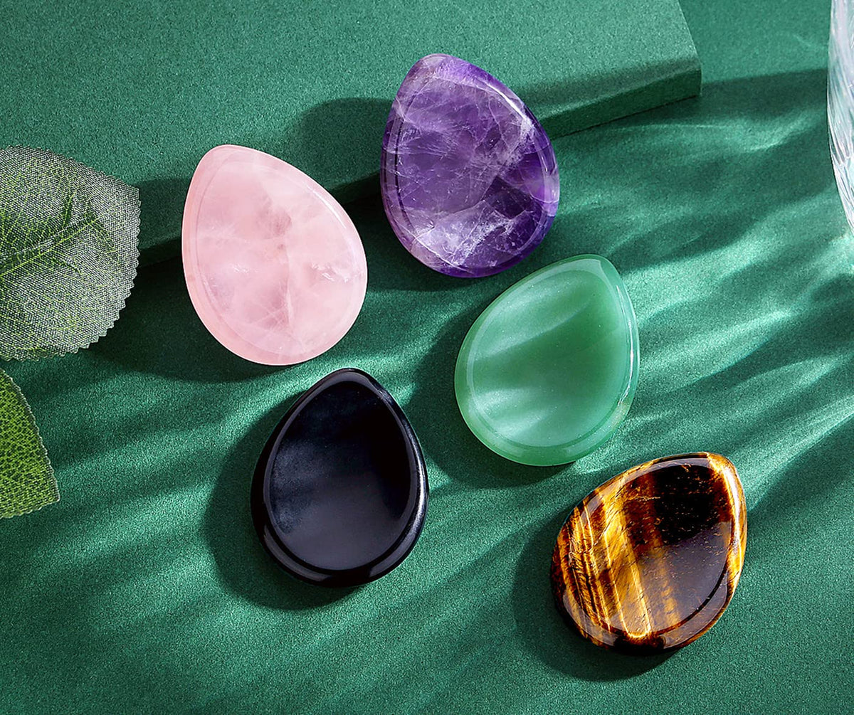 QINJIEJIE 2PCS Worry Stone for Anxiety Tiger's Eye Obsidian Healing Crystals Sets Hand Carved Thumb Stones Pocket Gemstones Meditation Crystal Reiki Relax Palm Stone Anxiety Relief Items
