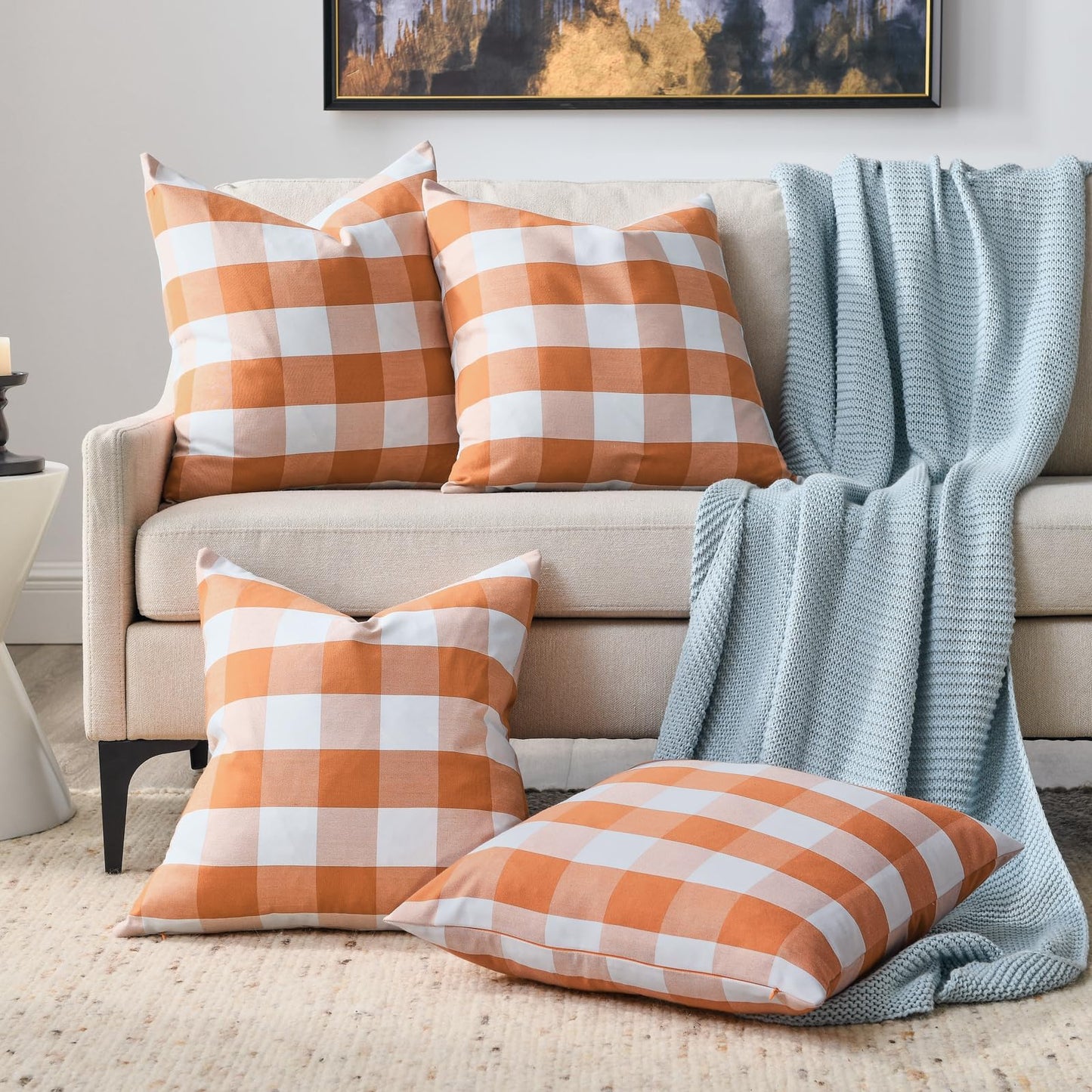 Volcanics Fall Pillow Covers 20x20 Inches Set of 2, Orange and White Farmhouse Buffalo Check Plaid Throw Pillow Covers, Halloween Outdoor Decorative Cushion Pillowcase for Couch Home Decor