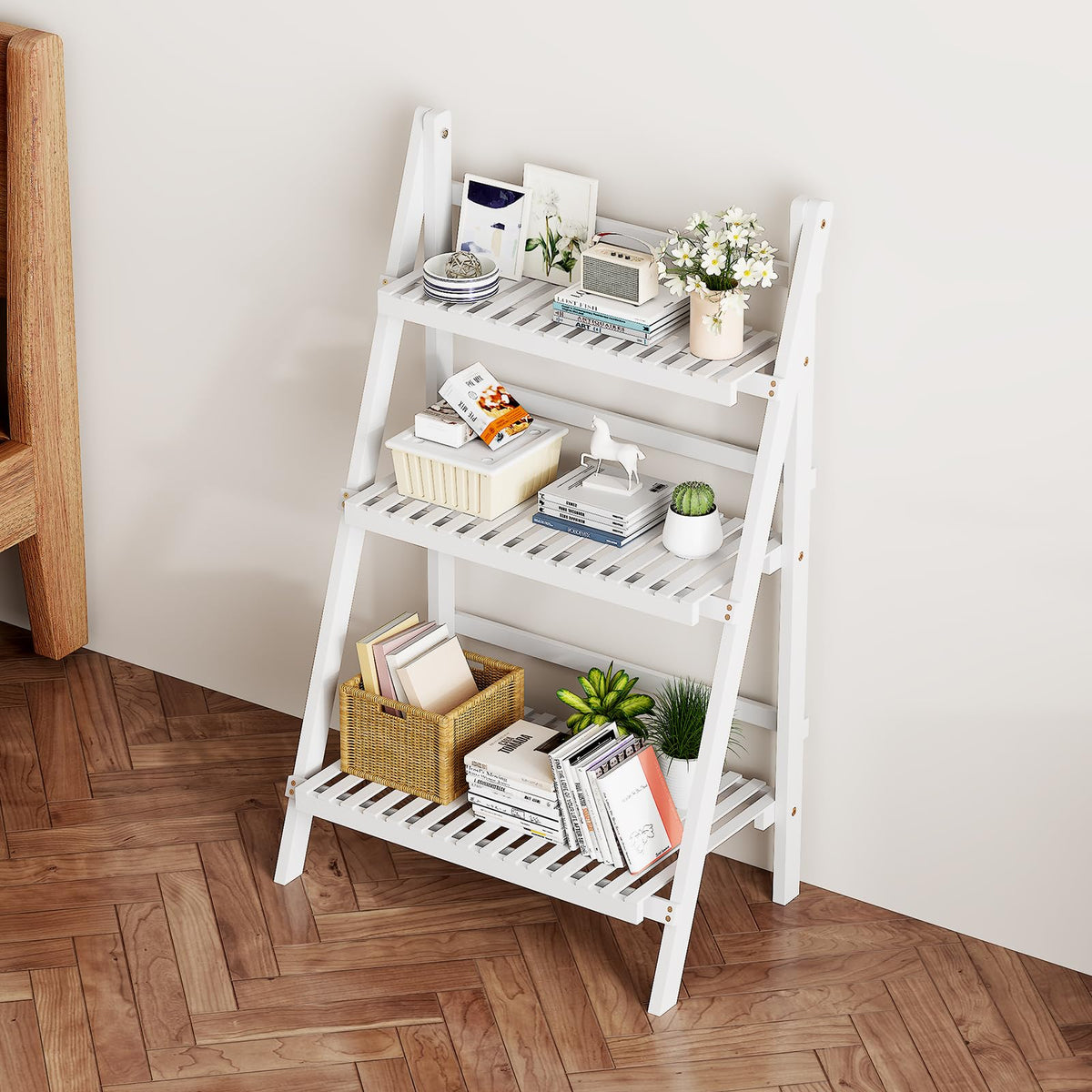 oakvivo Bamboo Bookshelf 3-Tier Ladder Shelf, 39.4” Freestanding Open Bookcase Book Shelf Bathroom Storage Shelf Unit Plant Stand for Small Space, Living Room, Bedroom, Home Office, White