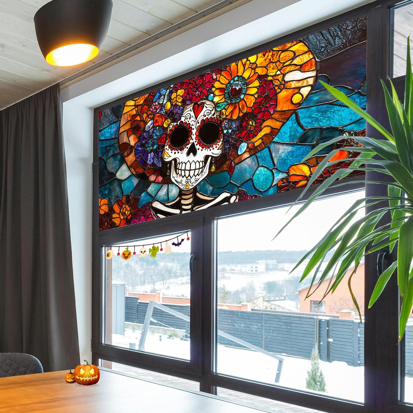 HOMETITUTE Day of The Dead Window Film 39.3x17.7 Inch Sugar Skull Windows Cling Halloween Calavera Glass Sticker for Glass Dia de Los Muertos Removable Gothic Window Art Decoration