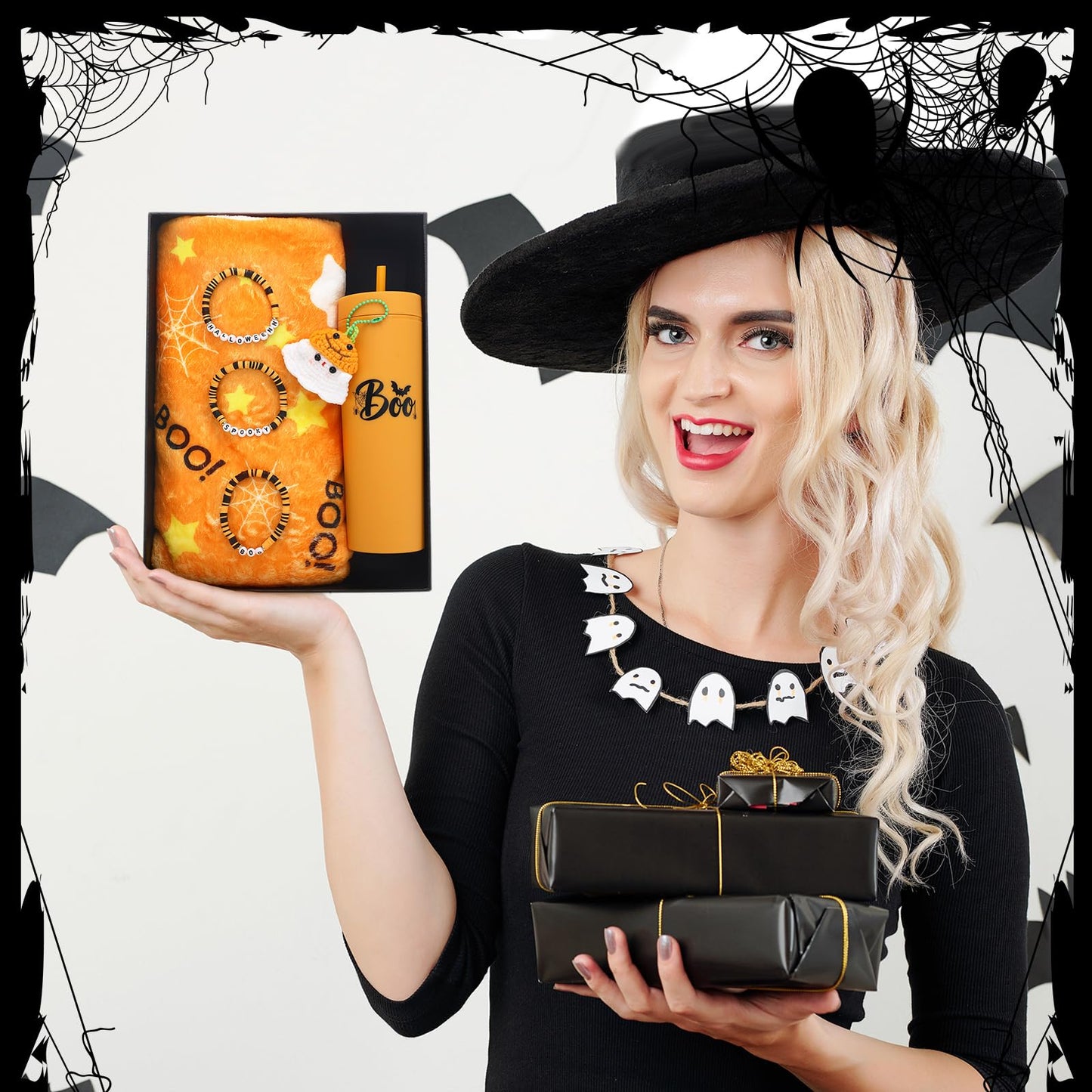 Meanplan 7 Pack Halloween Boo Basket Stuffers Halloween Gifts for Women Orange Basket Stuffer Includes 12oz Orange Acrylic Ghost Tumbler Velvet Blanket Crochet Ghost Keychain Socks for Family