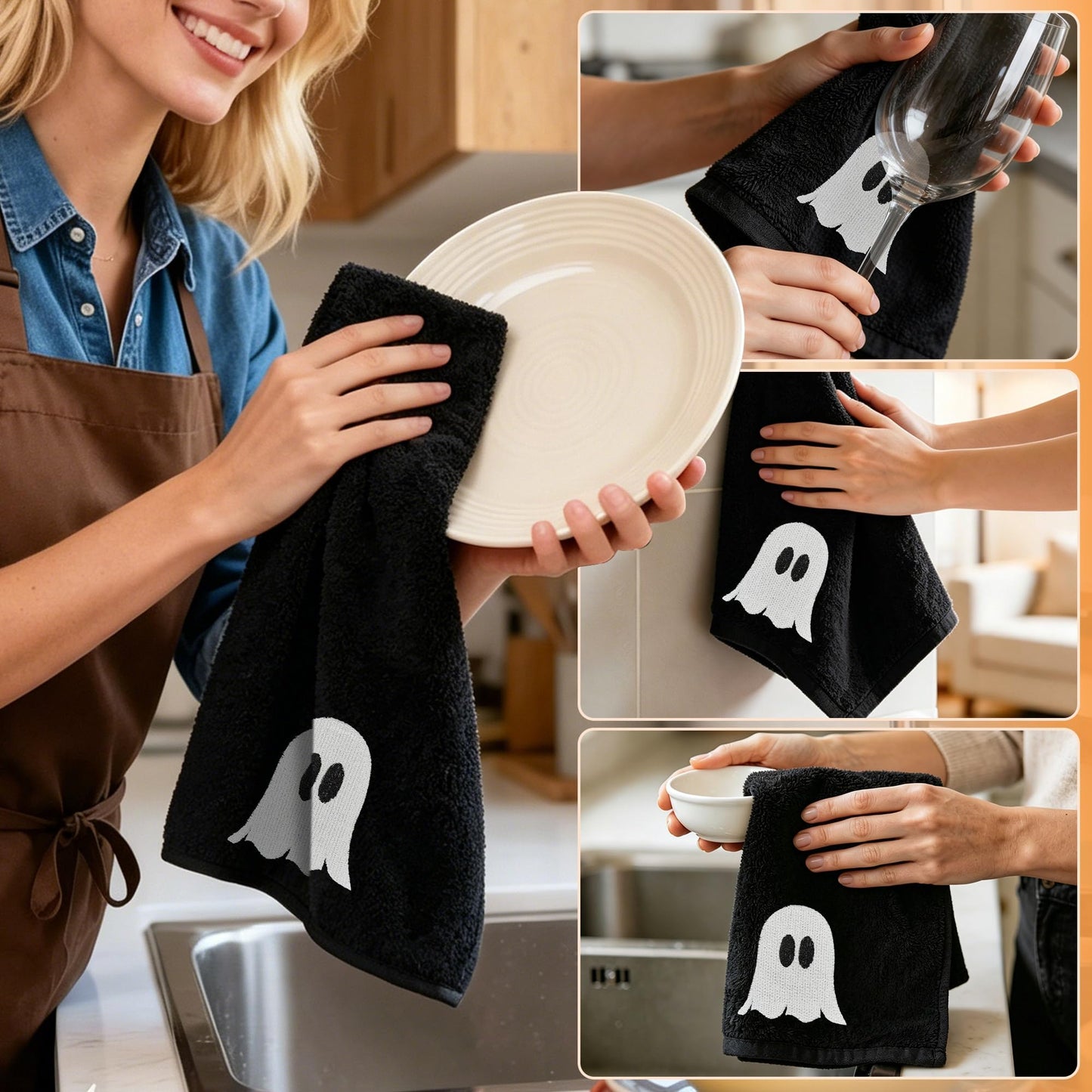 Hexagram Halloween Hand Towels Set of 2, Embroidered Ghost Black Bathroom Towels, Halloween Decor, Dish Towel for Drying Cleaning 14x 30 Inch