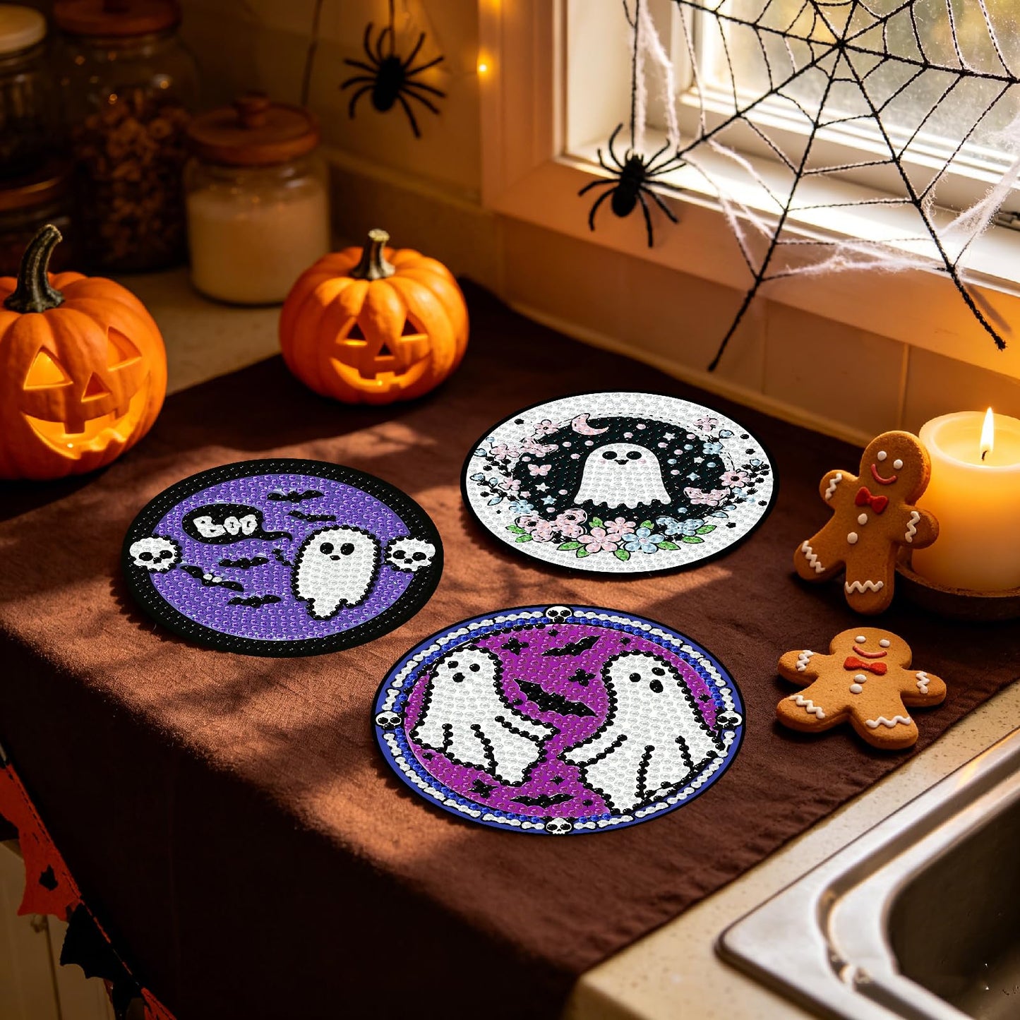 KYOQFVN 8 PCS Halloween Diamond Art Coasters, Ghost Diamond Painting Coasters with Holder Cork Pad, Diamond Dots Art Painting Coasters Crafts Kit for Home Wall Decor (Ghost Theme)