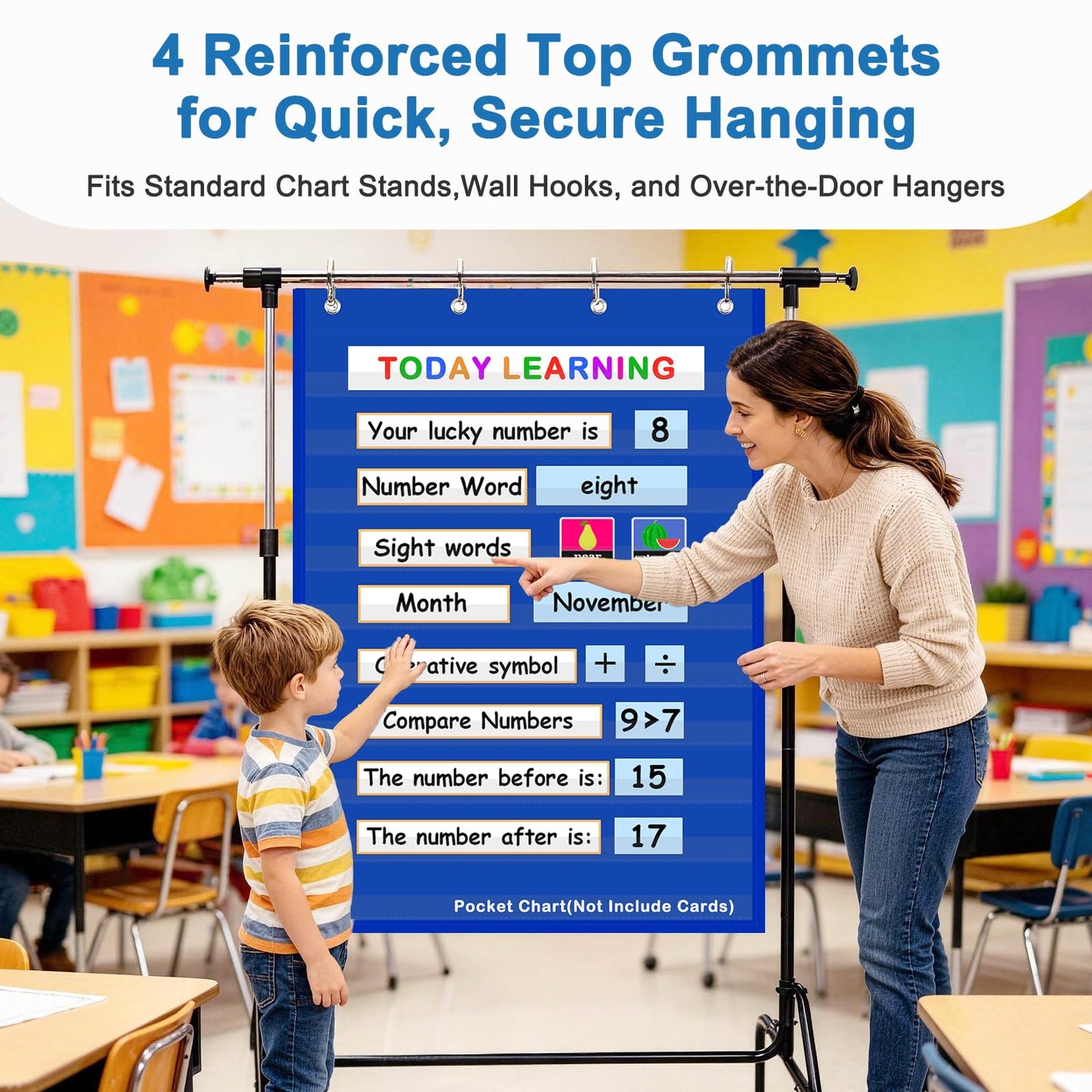 Standard Pocket Chart Clear 10 Pockets Chart for Classroom & Home Heavy Duty Hanging Pocket Chart for Word Wall/Letter Cards/Sentence Strips 28Wx43L,Blue