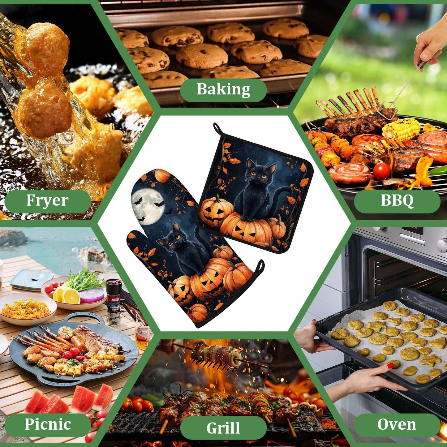 Halloween Black Cat Moon Pumpkin Oven Mitts and Pot Holders Set 4 Pcs Extra Long Heat Resistant Gloves Potholder for Baking, BBQ, Grilling