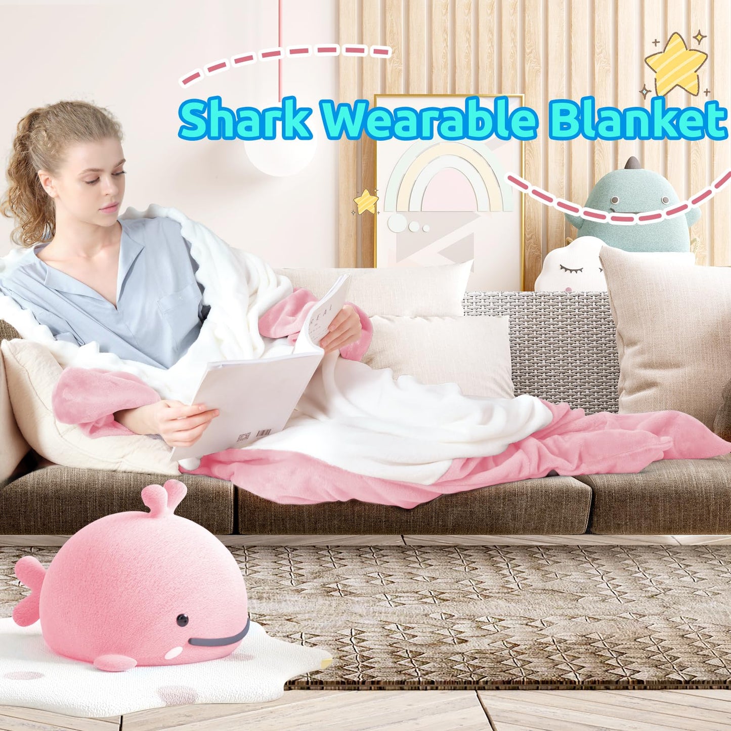 Shark Blanket Onesie for Adult Super Soft Cozy Flannel Throw Wearable Blanket Hoodie, Cartoon Animals Shark, Sleeping Bag Cosplay Shark Costume Blanket Gifts for Shark Lovers (Pink,S)