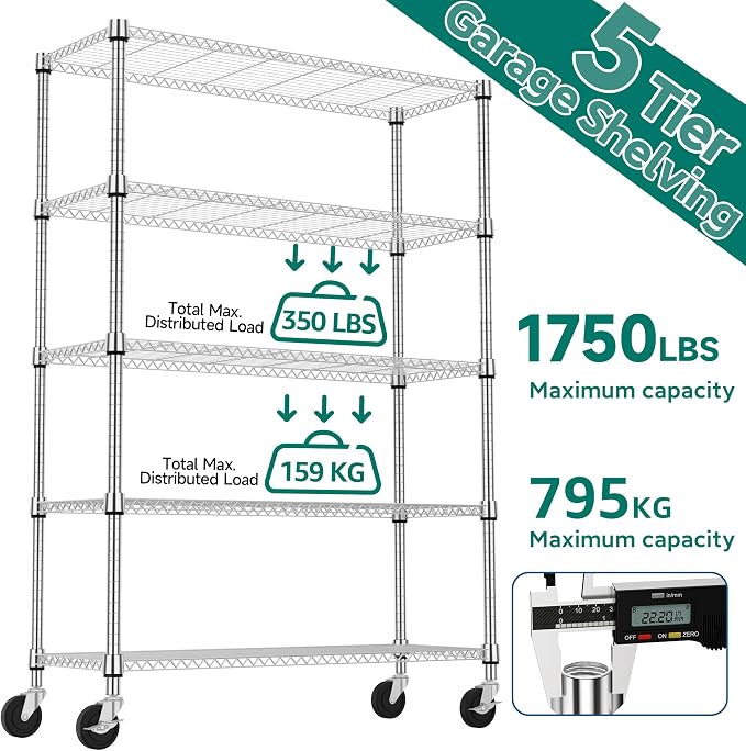 M MZG 1750LBS 47.2" W 5 Tiers Storage Shelves Metal Shelving Unit with Wheels Heavy Duty Garage Shelving Adjustable Wire Shelves for Pantry,Kitchen,Garage,Basement,Chrome 17.7" D x 47.2" W x 76.8" H
