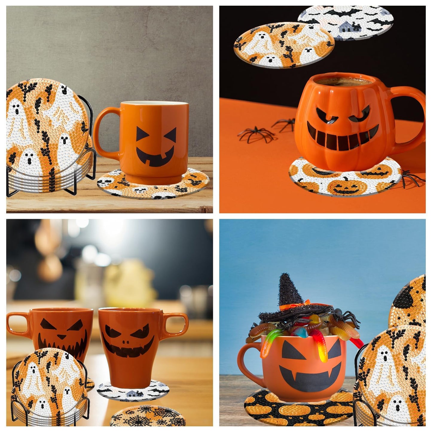8 Pieces Halloween Diamond Art Coasters with Holder DIY Halloween Diamond Dot Coasters 5d Full Drill Diamond Coasters for Adults Halloween Diamond Painting Kits Supplies for Gift