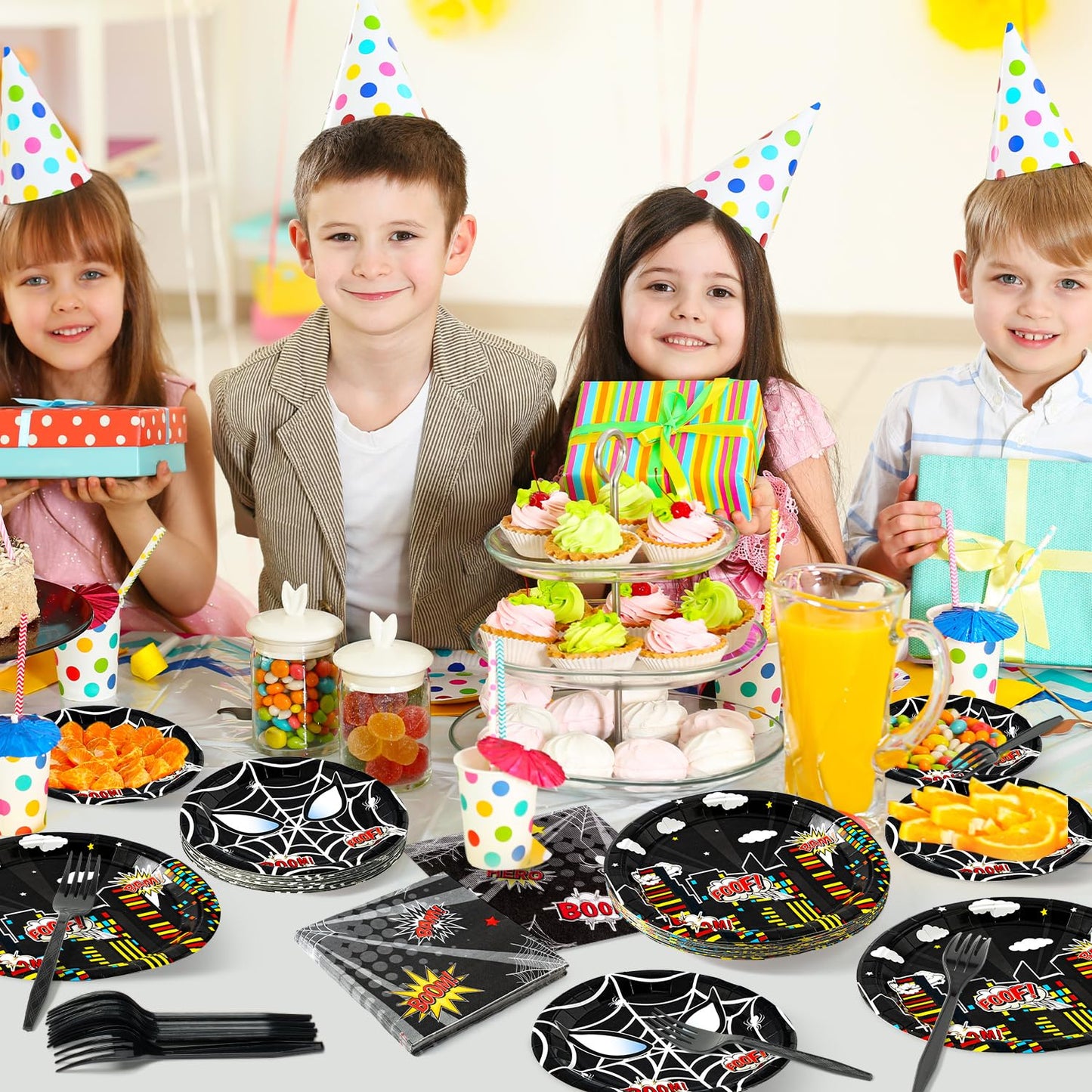 Andi Cppss Black Spider Birthday Party Supplies - 96PCS Black Spider Birthday Party Plates and Napkins Forks Disposable Tableware Birthday Parties Table Dinnerware Baby Shower Plates Serve 24 Guests
