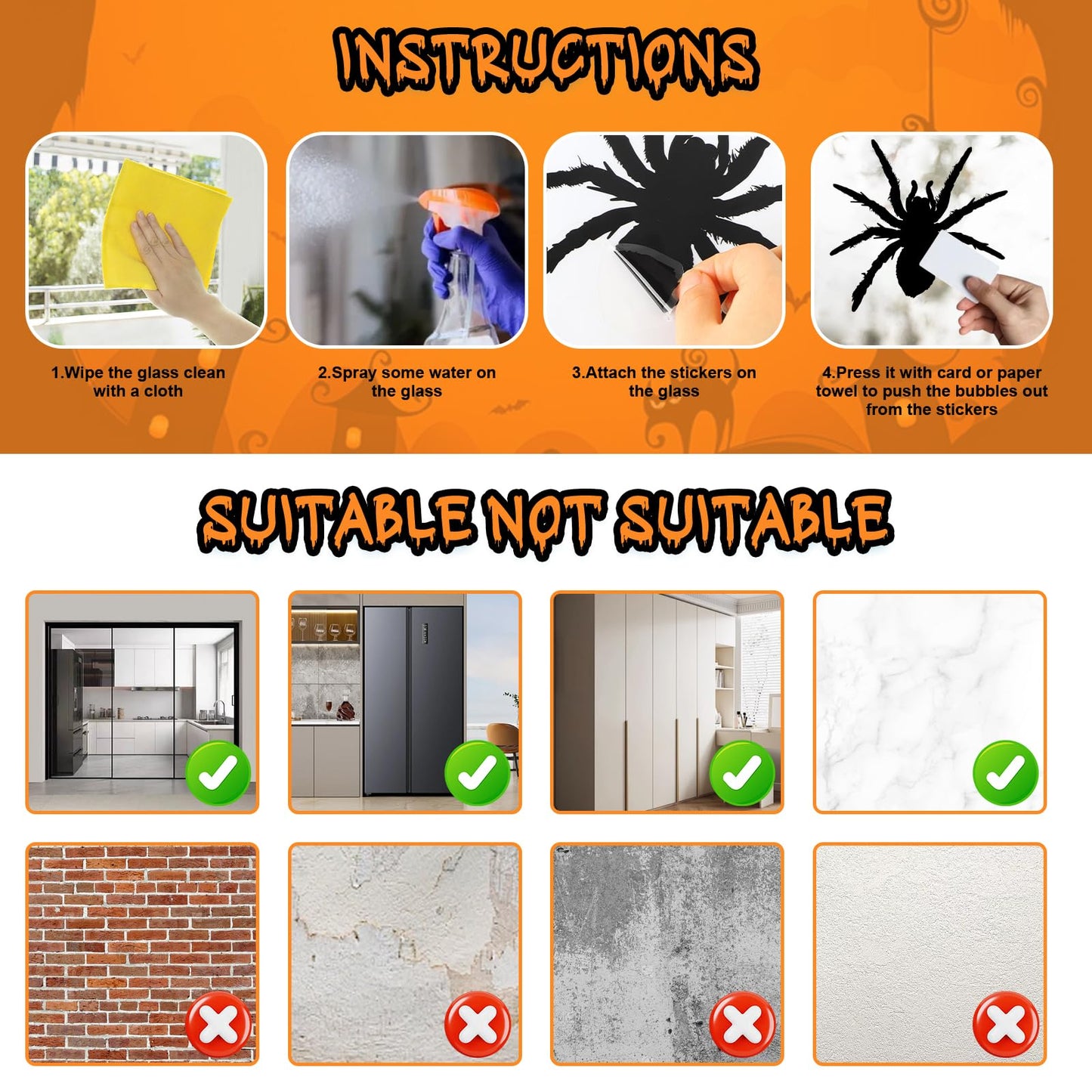 Halloween Window Clings Decorations, Large Scary Black Spider Window Decals Decor, Horror Halloween Windows Stickers Indoor for Home Office School Party