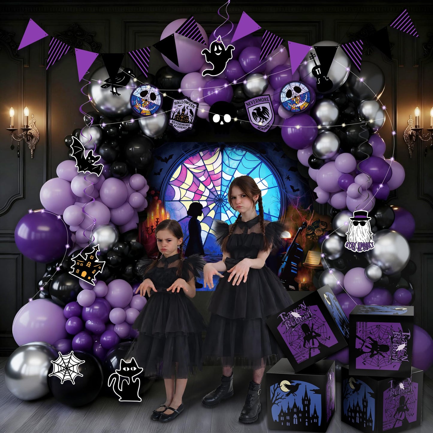 CheerBox Gothic Birthday Party Decorations for Girl - 177 Pcs Purple Black Dark Academia Party Supplies with Original Backdrop, Balloon Boxes, 3D Bats, Cake Topper