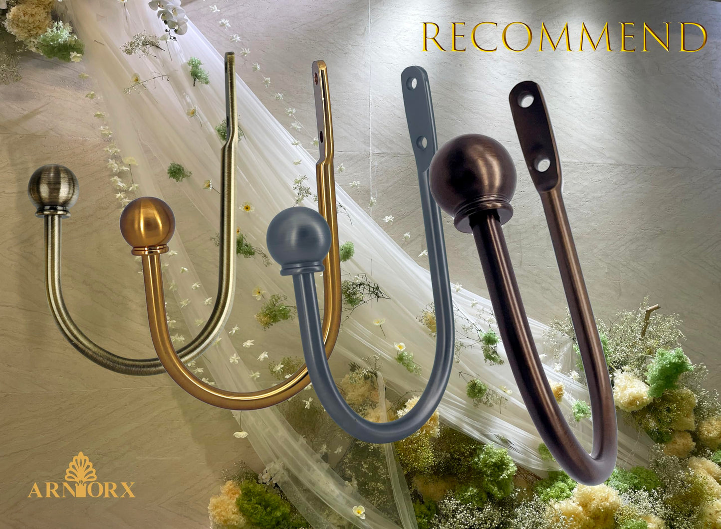 ARNORX Curtain Holdbacks, Hooks, 2 PCS,Solid Steel Hooks, Decorative French Ball End, Curtain Drapery Holdbacks, Wall Mounted, Curtain Tiebacks, Antique Bronze