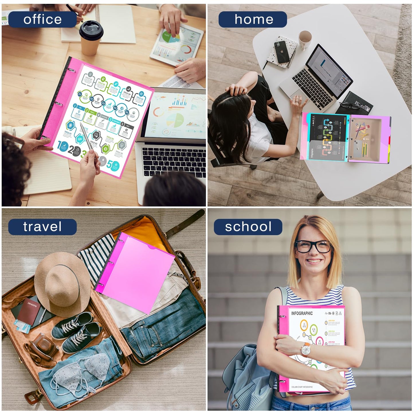 INFUN 1 Inch Telescoping Project Organizer Binder-2PCS,13 Pocket, Customizable Front Cover, 5 Colors Pocket Divider and Plastic Binder Pocket,225 Sheet Capacity-Pink