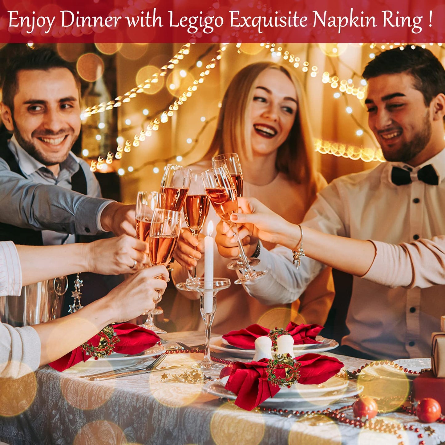 Legigo Set of 12 Christmas Wreath Napkin Rings Set- Metal Xmas Napkin Ring Holders for Cloth Napkins, Christmas Holiday Party Dinner Table Decoration