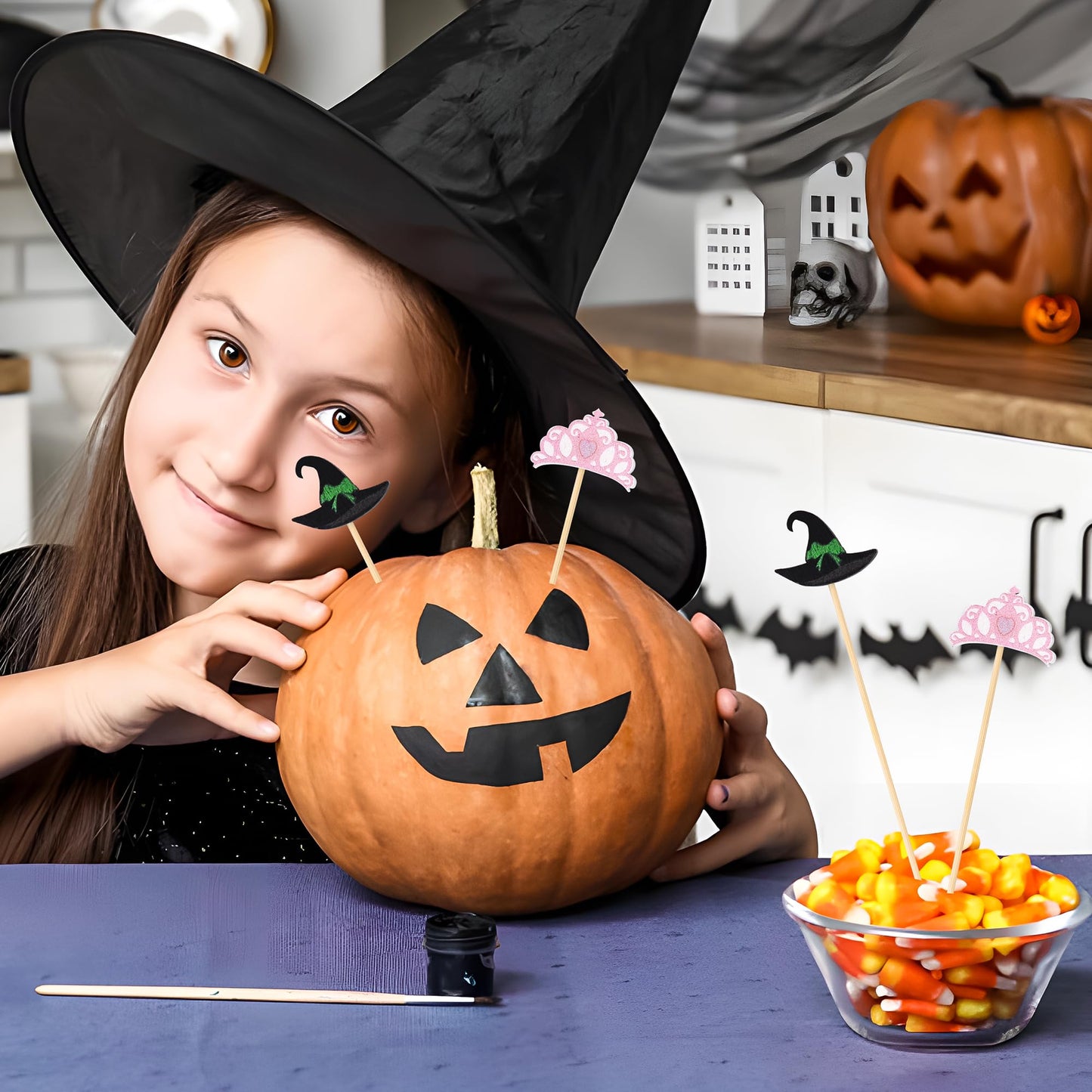 100 Pcs Witch Hat Cocktail Picks Decorative Toothpicks for Appetizers Fruit Sandwich Charcuterie Skewers Food Sticks for Pink Green Birthday Baby Shower Halloween Party Supplies