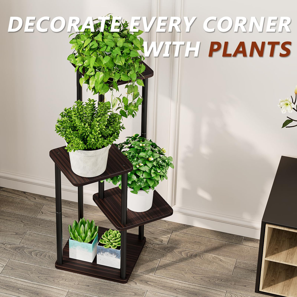 AZERPIAN Plant Stand 4 Tier Indoor Metal Flower Shelf for Multiple Plants Corner Tall Flower Holders for Patio Garden Living Room Balcony Bedroom, Black oak