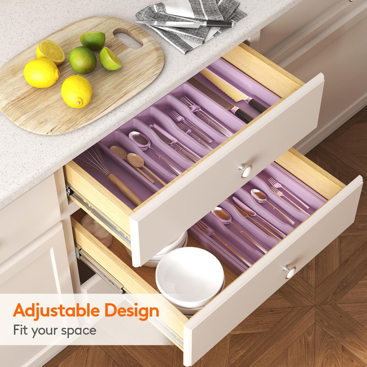 Lifewit Silverware Drawer Organizer, Expandable Utensil Tray for Kitchen, BPA Free Flatware and Cutlery Holder, Adjustable Plastic Storage for Spoons Forks Knives, 13-22 x 15", Purple
