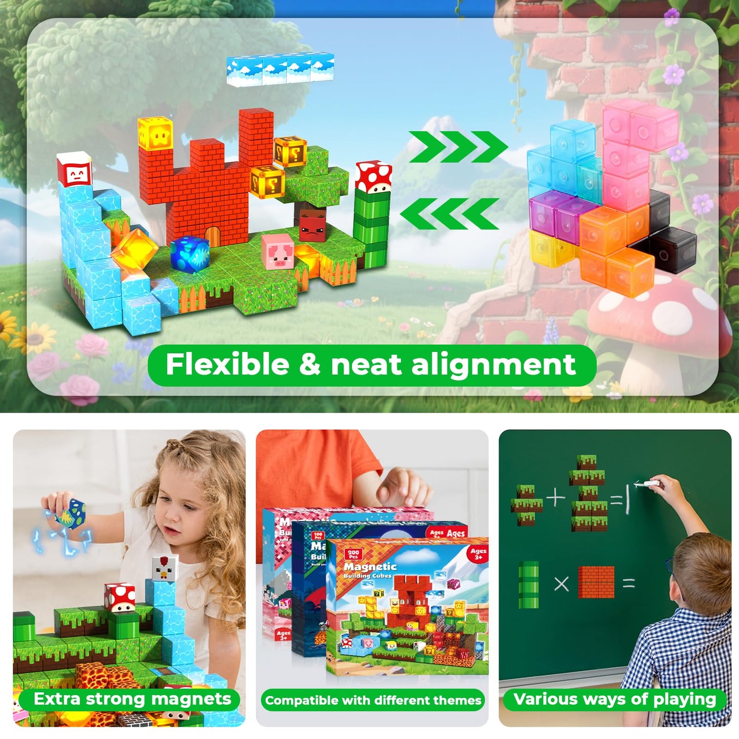 Magnetic Blocks with Light Blocks - 200PCS Magnetic Blocks for Kids Ages 4 5 6 7 8+, Magnetic Building Blocks, STEM Montessori Sensory Toys for Kids, Birthday Gifts for 8-12 Years Old Boys Girls