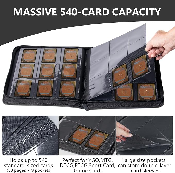Trading card binder,Ringless Zip laser foiling Binder,540 Double Sided Pocket Collectible Trading Card Albums for YGO,MTG, DTCG,Sport Card, Game Cards (MTG Black)